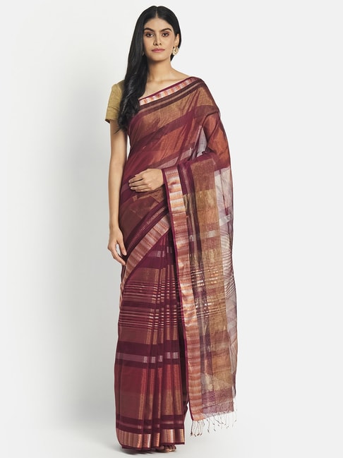 Fabindia Maroon Cotton Silk Woven Saree Without Blouse Price in India
