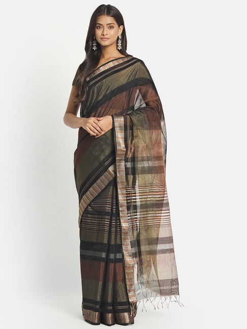 Fabindia Black Cotton Silk Woven Saree Without Blouse Price in India