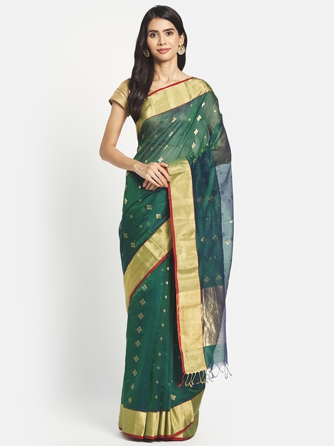Fabindia Green Cotton Silk Woven Saree Without Blouse Price in India