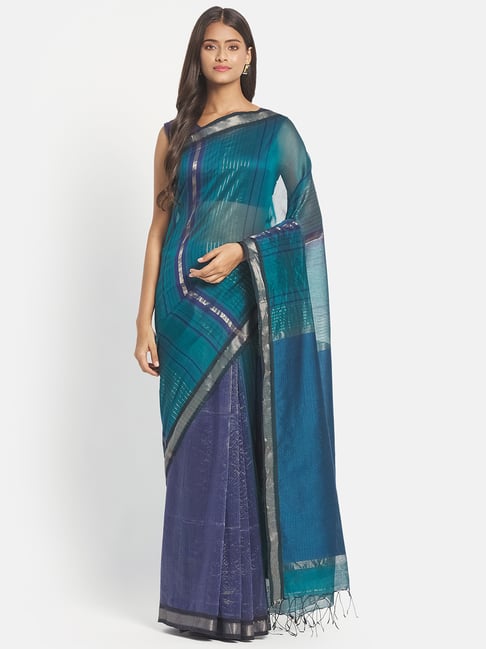 Fabindia Teal Blue Cotton Silk Woven Saree Without Blouse-image-44