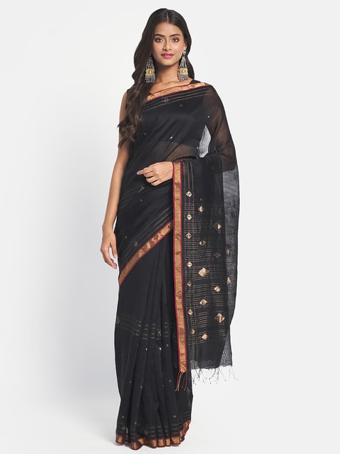 Fabindia Black Cotton Silk Woven Saree Without Blouse Price in India