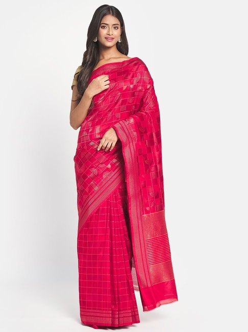 Fabindia Red & Pink Cotton Silk Woven Saree Without Blouse Price in India
