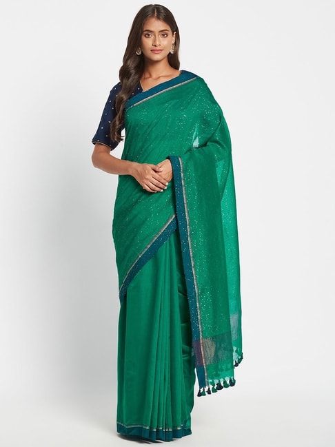 Fabindia Green Woven Saree Without Blouse Price in India