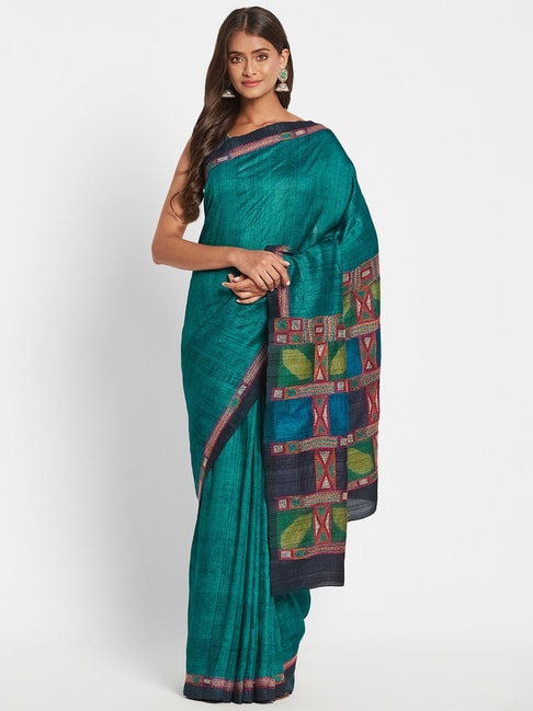 Fabindia Teal Blue Silk Embroidered Saree Without Blouse Price in India