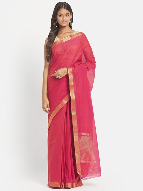 Fabindia Pink Cotton Woven Saree Without Blouse Price in India