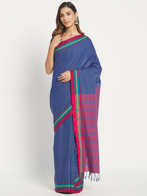 Fabindia Blue Cotton Woven Saree Without Blouse Price in India