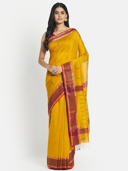Fabindia Mustard Cotton Silk Woven Saree Without Blouse Price in India