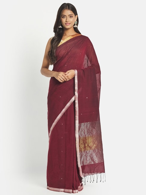Fabindia Maroon Cotton Woven Saree Without Blouse Price in India