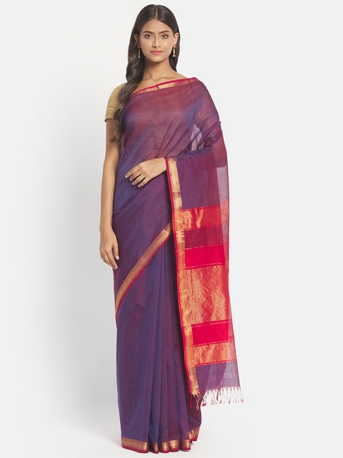 Fabindia Red Silk Woven Saree With Unstitched Blouse