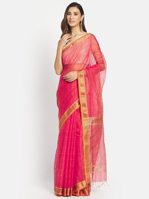 Fabindia Pink Cotton Silk Woven Saree Without Blouse Price in India
