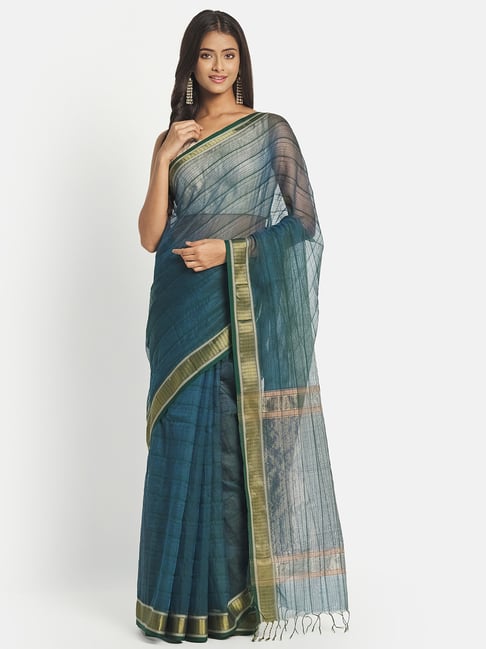 Fabindia Teal Blue Cotton Silk Woven Saree Without Blouse Price in India