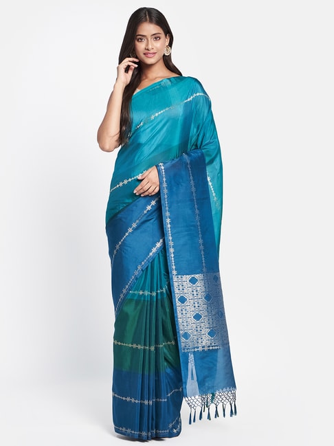 Fabindia Blue & Green Woven Saree Without Blouse Price in India