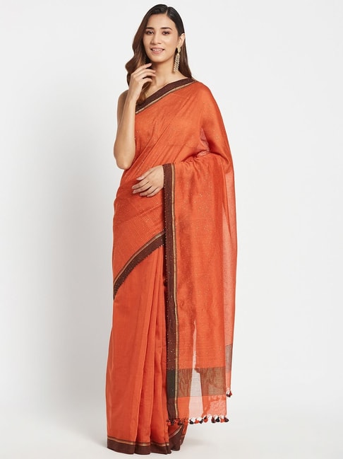 Fabindia Orange Woven Saree Without Blouse Price in India