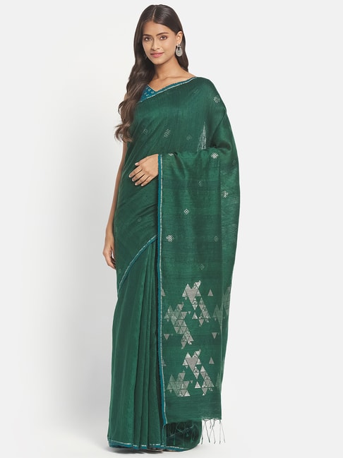 Fabindia Green Silk Woven Saree Without Blouse Price in India
