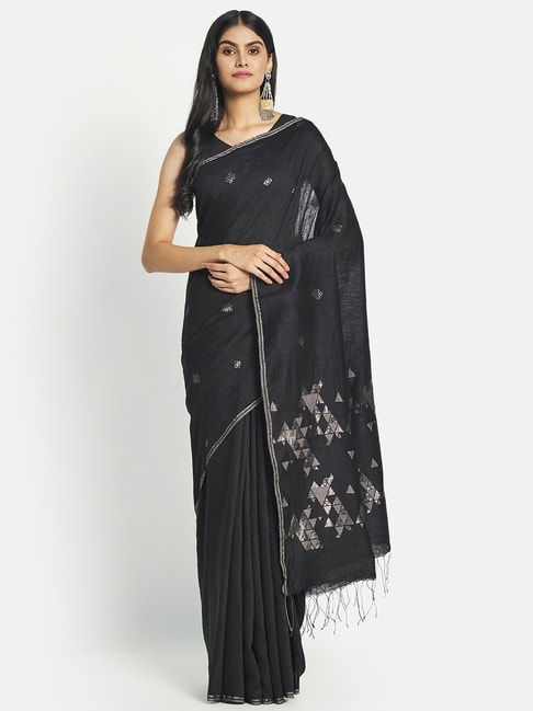 Fabindia Black Silk Woven Saree Without Blouse Price in India