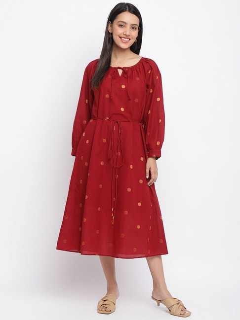 Fabindia Maroon Cotton Woven Pattern A-Line Dress Price in India