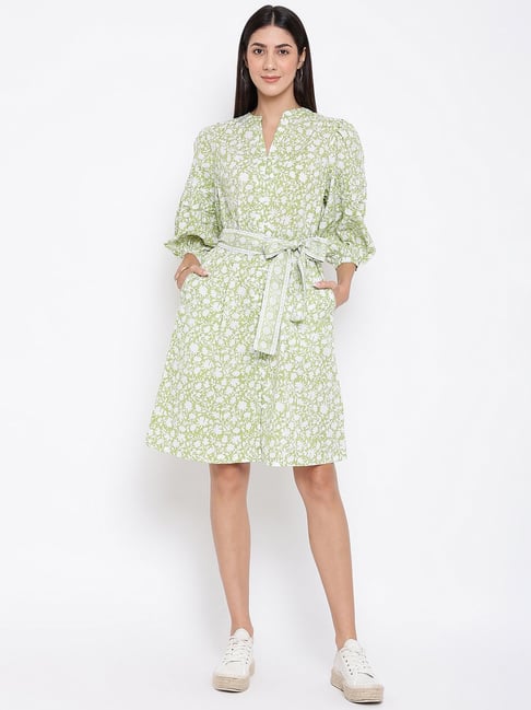 Fabindia Green Cotton Floral Print Shift Dress Price in India