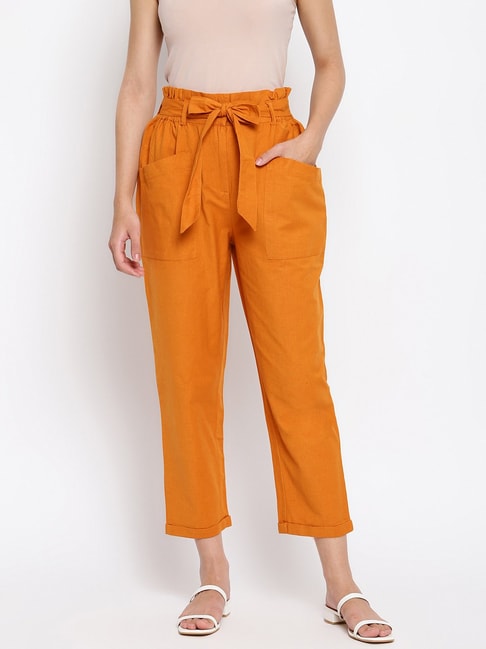 Buy Forever 21 Mustard Cotton Paperbag Pants for Women Online  Tata CLiQ
