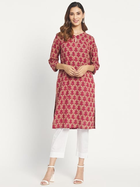 Fabindia Maroon Cotton Printed Straight Kurta