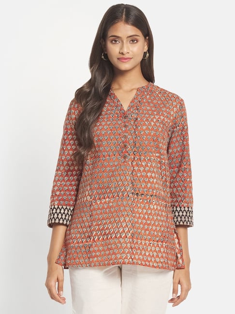 Fabindia Orange Cotton Floral Print Tunic