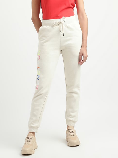 United Colors of Benetton Off White Embroidered Regular Fit Mid Rise Joggers