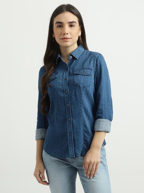 United Colors of Benetton Blue Printed Denim Shirt