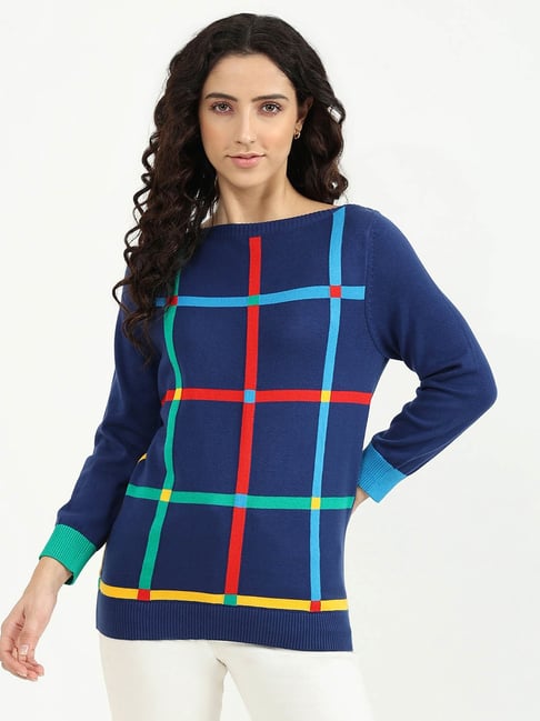 United Colors of Benetton Blue Cotton Check Sweater