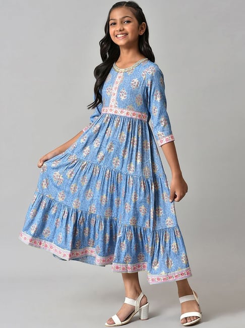 Buy Aurelia Kids Blue Floral Print Dress for Girls Clothing Online Tata CLiQ