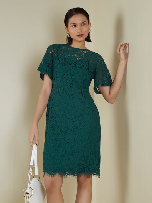 Wardrobe by Westside Bottle Green Lace Design Dress Price in India