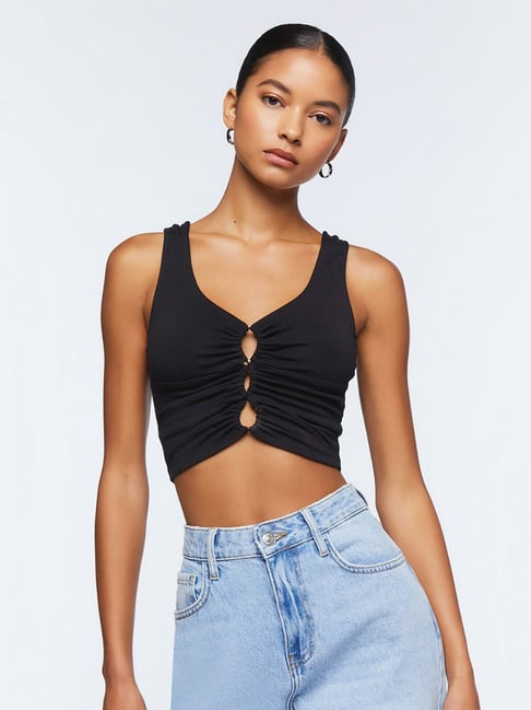 Forever21 Knotted Crop T-Shirt - Black