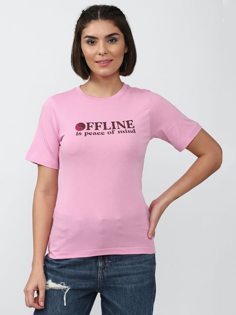 Buy Forever 21 Pink Printed Cotton T-Shirt for Women's Online