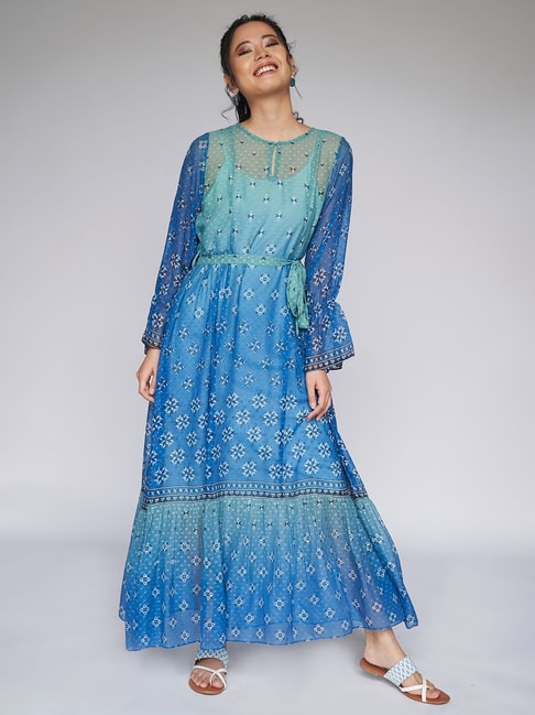 Global Desi Blue Printed Gown Price in India