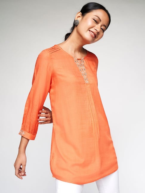 Global Desi Orange Embroidered Tunic