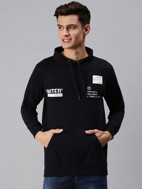 showoffff SHOWOFF Navy Cotton Slim Fit Printed Hooded SweatShirt-picture-39