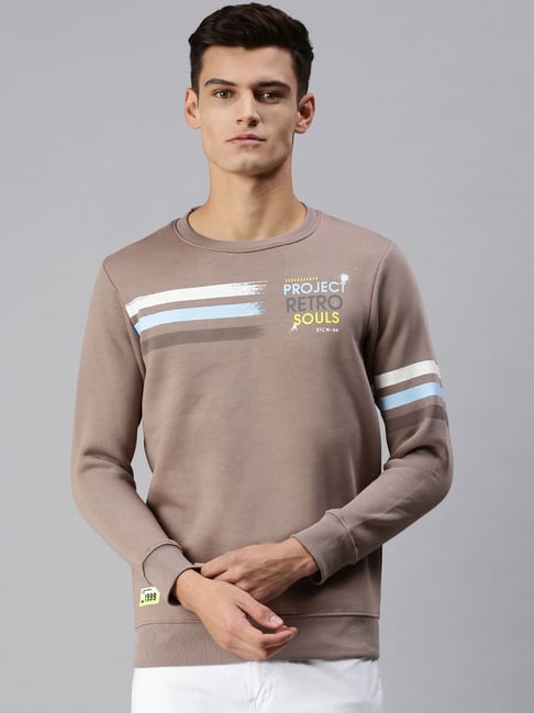 SHOWOFFFF Brown Cotton Slim Fit Printed SweatShirt