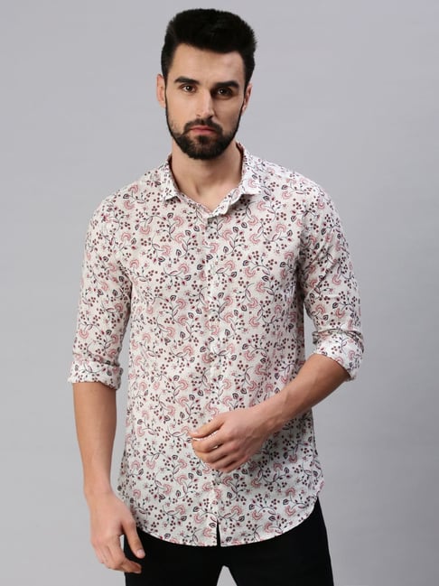 SHOWOFFFF White Red Cotton Slim Fit Printed Shirt