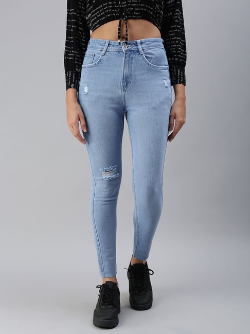 River Island Petite distressed knee mid rise skinny jeans in light blue |  ASOS