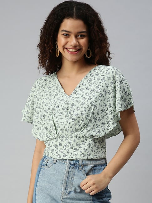 Buy SHOWOFF V-Neck Flared Sleeves Printed Green Top for Women Online @ Tata  CLiQ