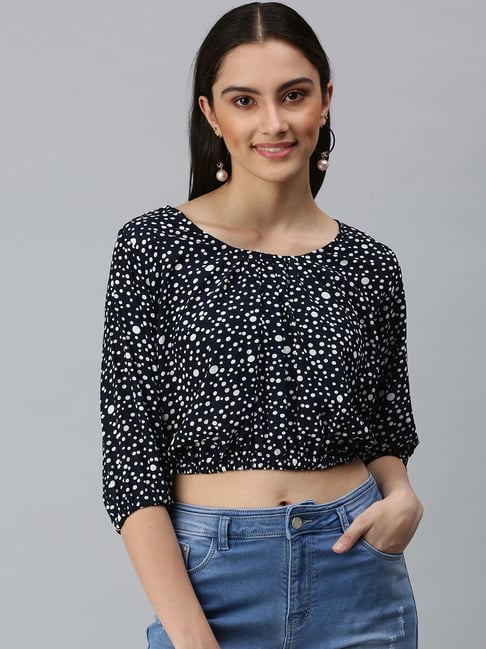 Buy SHOWOFF Round Neck Sleeves Embroidered Navy Blue Crop Top for Women  Online @ Tata CLiQ