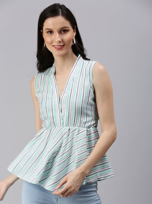 Buy SHOWOFF Vertical Stripes Peplum Sea Green V-Neck Peplum Top