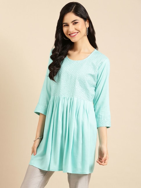 SHOWOFF Blue Embroidered A Line Kurti