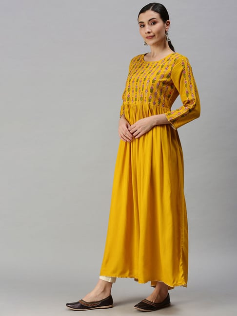 Buy SHOWOFF Yellow Embroidered Calf Length Anarkali Kurta for Women Online  @ Tata CLiQ