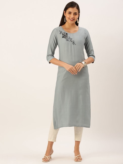 Buy Nimmis Rayon White Kurti with Grey Stripes Coupled with Black Leggings  for Women at Amazonin