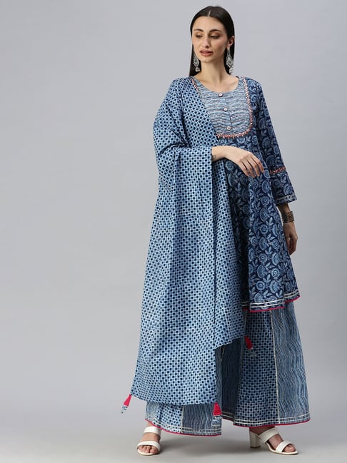 SHOWOFF Blue Floral Print Kurti With Palazzo & Dupatta Price in India