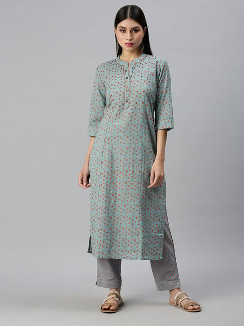 SHOWOFF Blue Floral Print Kurta With Pants Price in India