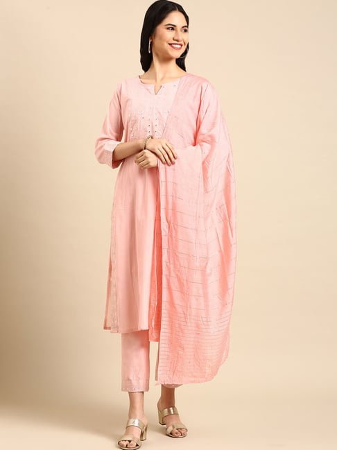 Buy Peach Pink Cotton Kurta And Leggings Set With Mirror Work KALKI Fashion  India