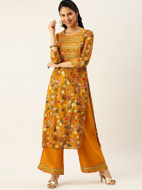 SHOWOFF Mustard Floral Print Straight Kurta With Palazzo Price in India