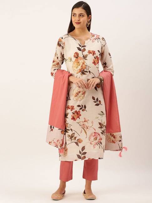 SHOWOFF Beige Floral Print Straight Calf Length Kurta With Pants & Dupatta Price in India