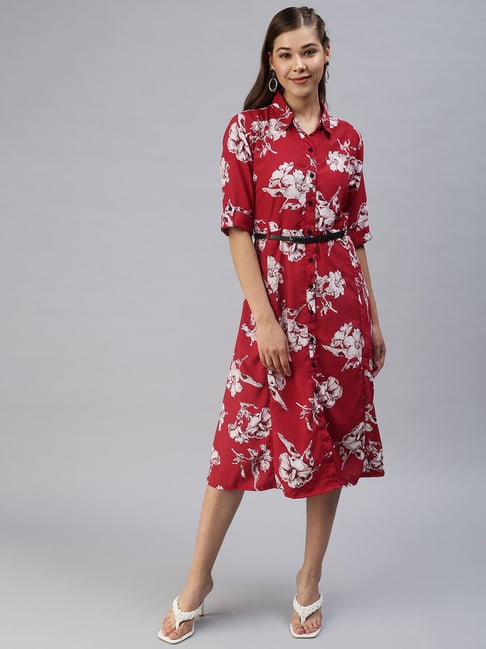SHOWOFF Red Floral Print Fit & Flare Dress Price in India