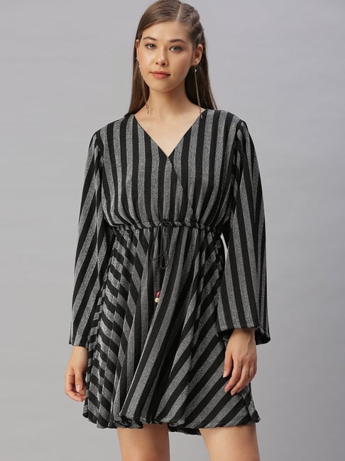 Buy SHOWOFF Silver & Black Knitted Striped A Line Dress for Women Online @  Tata CLiQ